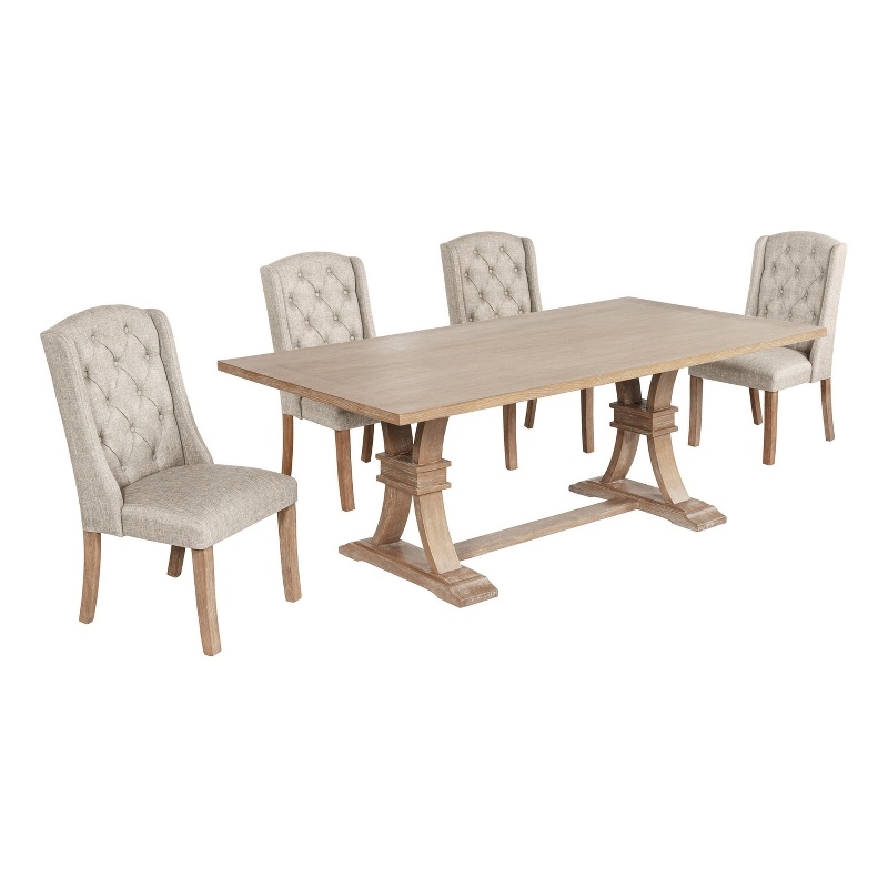 Best Quality Furniture Rustic Light Oak Wood Dining Set with Beige Linen Chairs