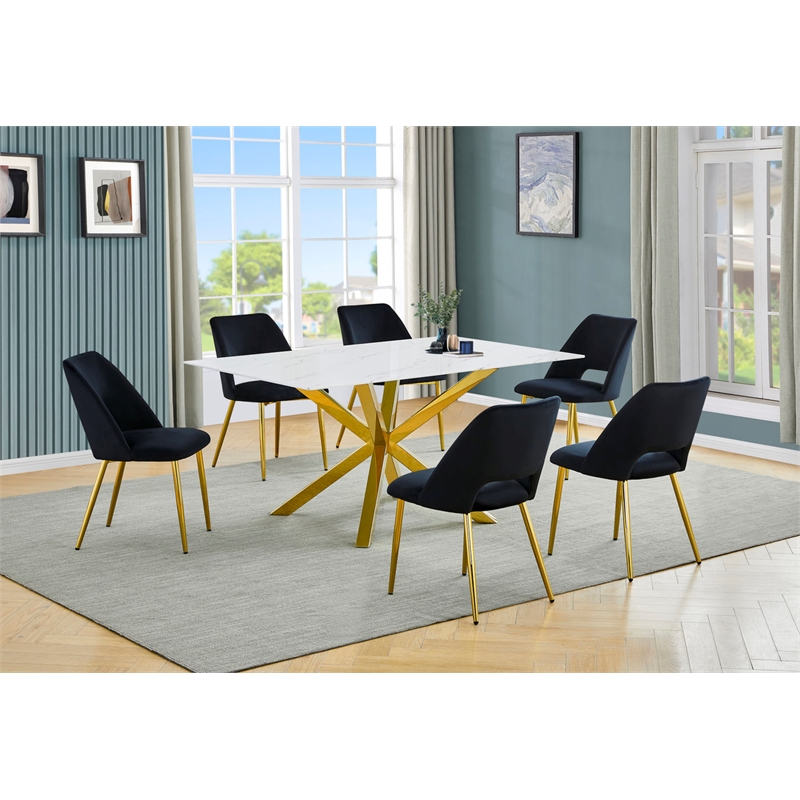 Best Quality Furniture Glass with White Marble Wrap Dining Set and Black Chairs