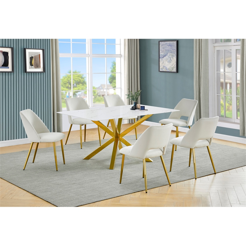 Best Quality Furniture Glass with White Marble Wrap Dining Set and Cream Chairs