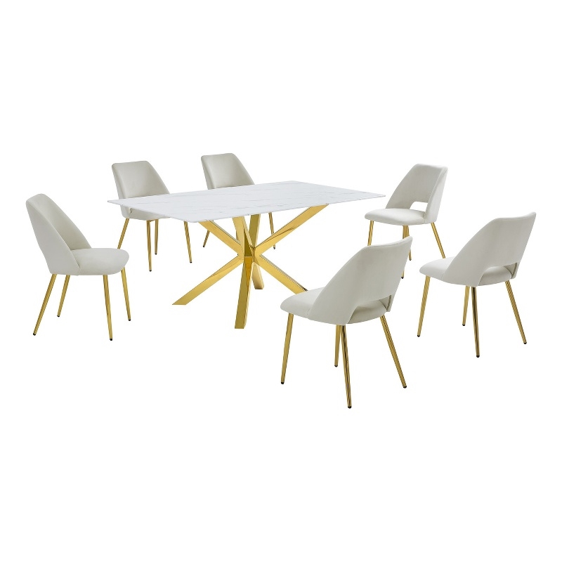 Best Quality Furniture Glass with White Marble Wrap Dining Set and Cream Chairs