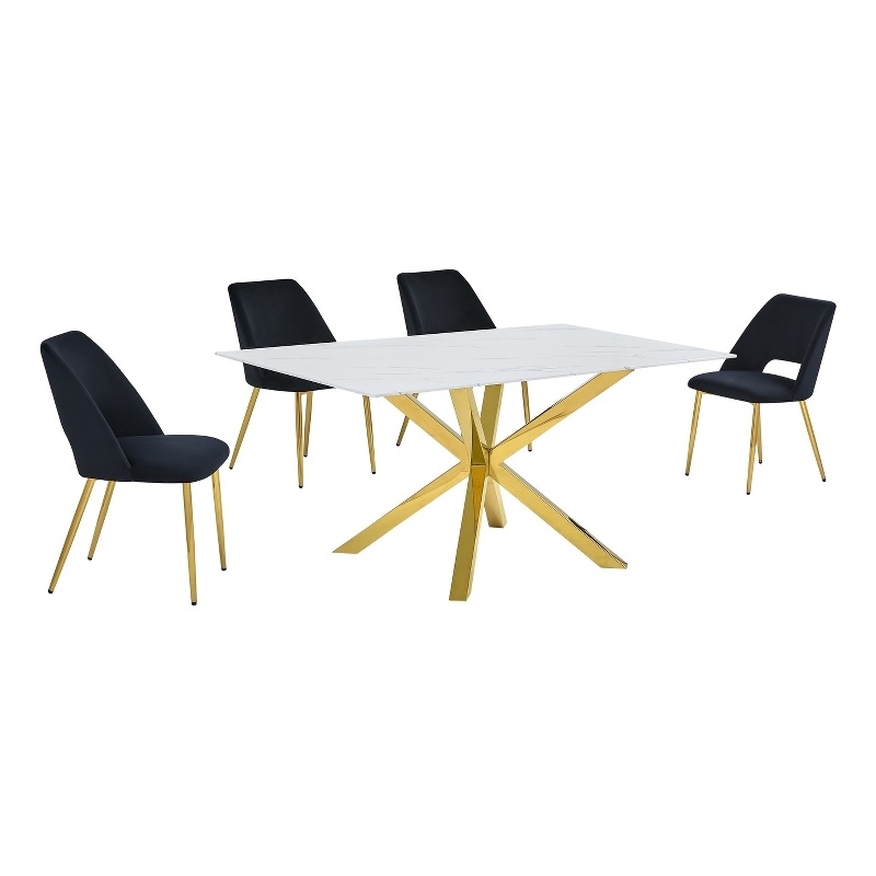 Best Quality Furniture Glass with White Marble Wrap Dining Set and Black Chairs