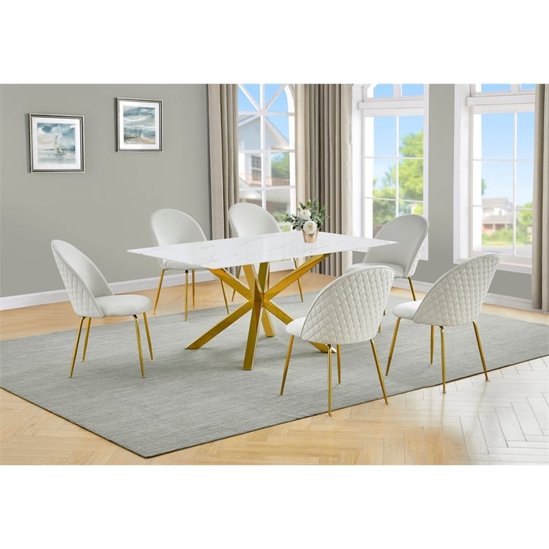 Best Quality Furniture Glass with White Marble Wrap Dining Set and Cream Chairs