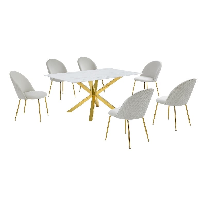 Best Quality Furniture Glass with White Marble Wrap Dining Set and Cream Chairs