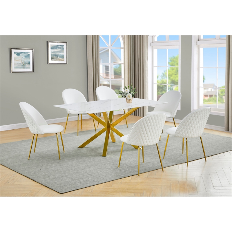 Best Quality Furniture Glass with White Marble Wrap Dining Set and White Chairs