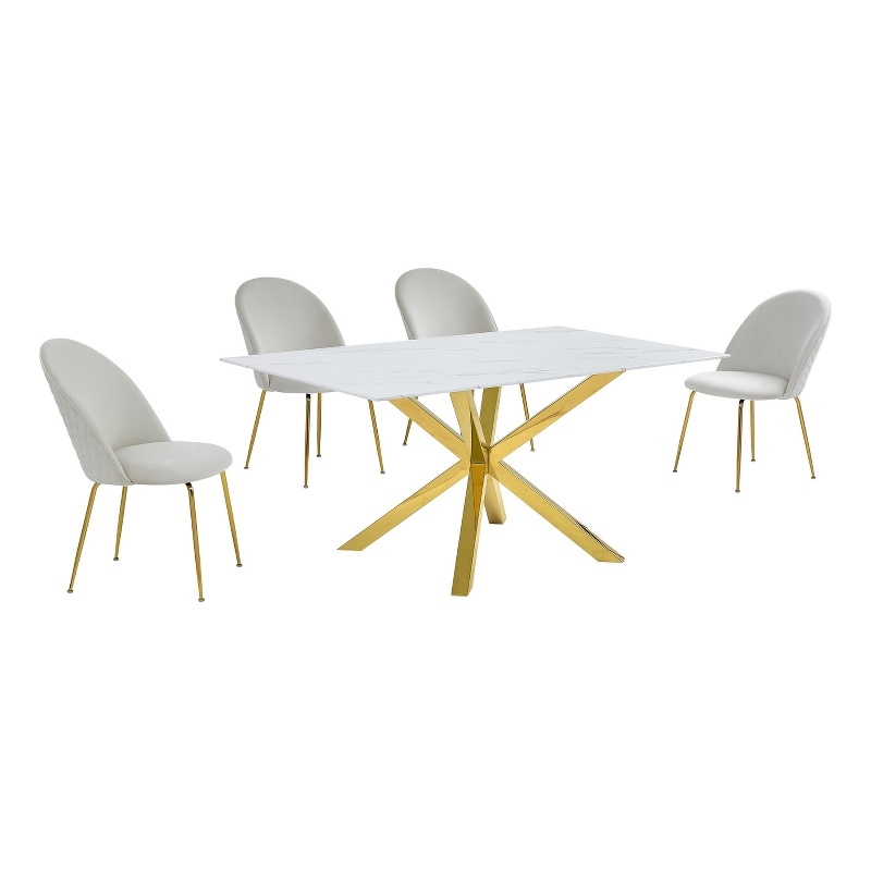 Best Quality Furniture Glass with White Marble Wrap Dining Set and Cream Chairs
