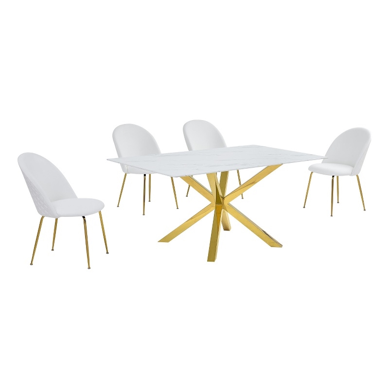 Best Quality Furniture Glass with White Marble Wrap Dining Set and White Chairs