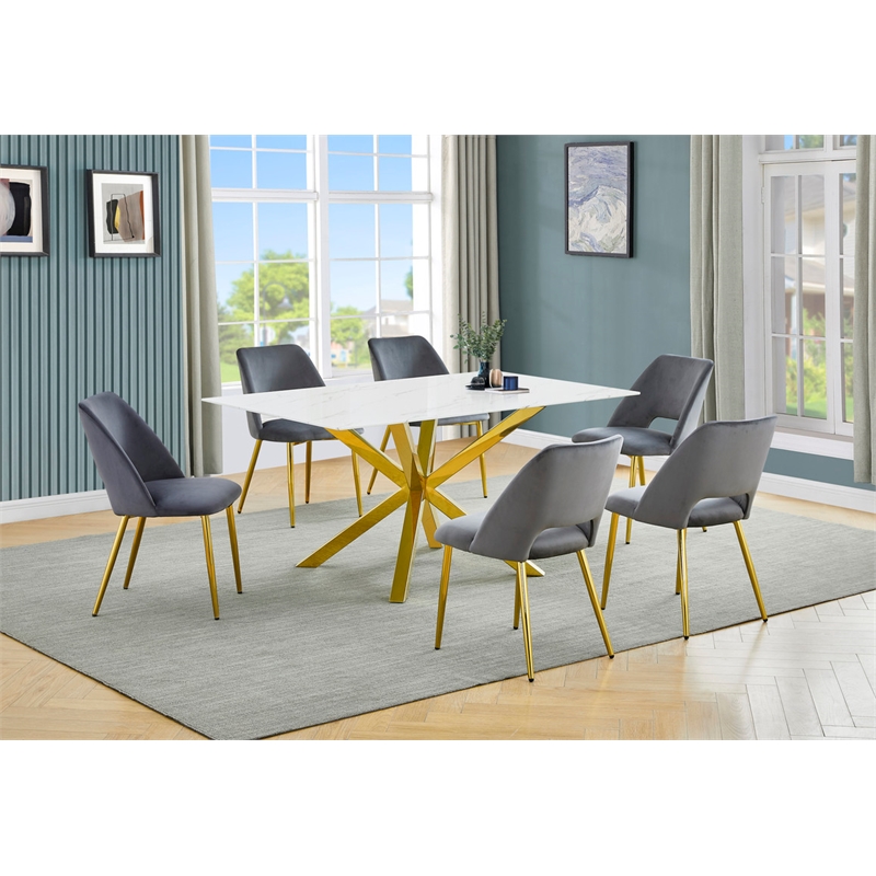 Best Quality Furniture Glass with White Marble Wrap Dining Set and Gray Chairs