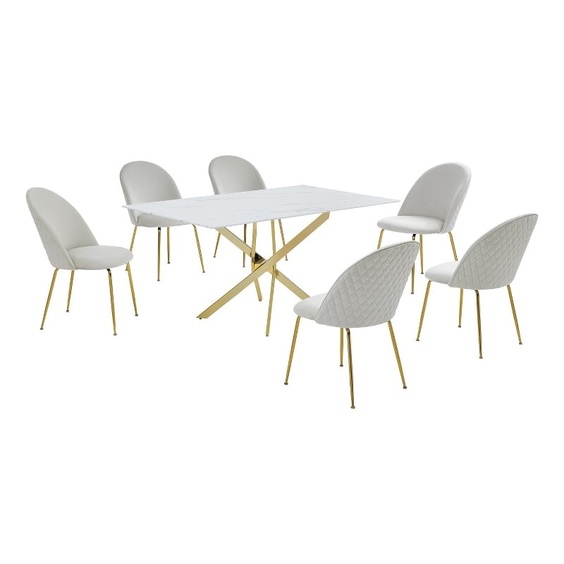 Best Quality Furniture Glass with White Marble Wrap Dining Set and Cream Chairs