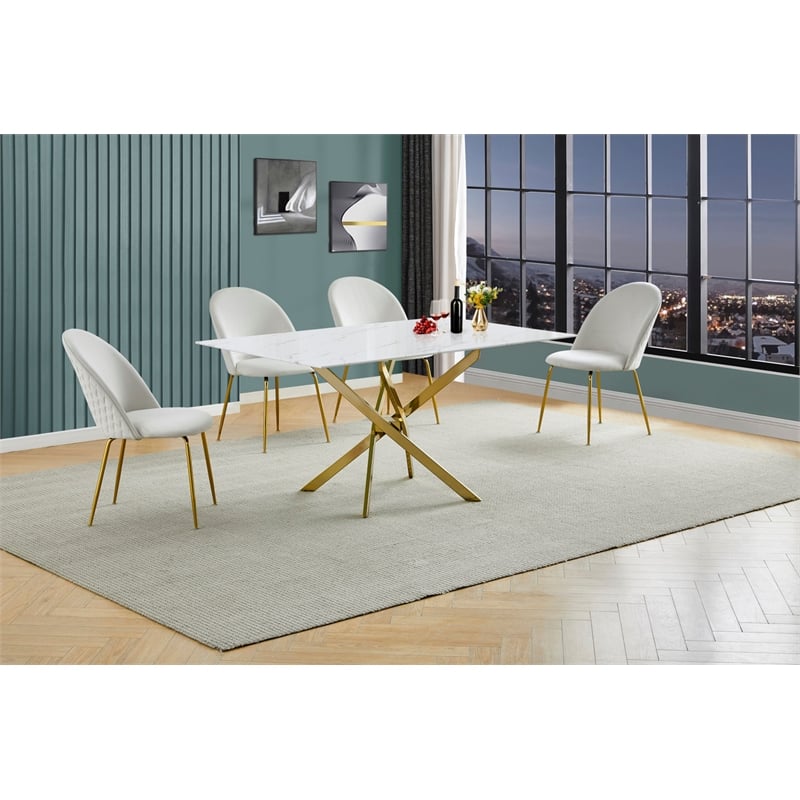 Best Quality Furniture Glass with White Marble Wrap Dining Set and Cream Chairs