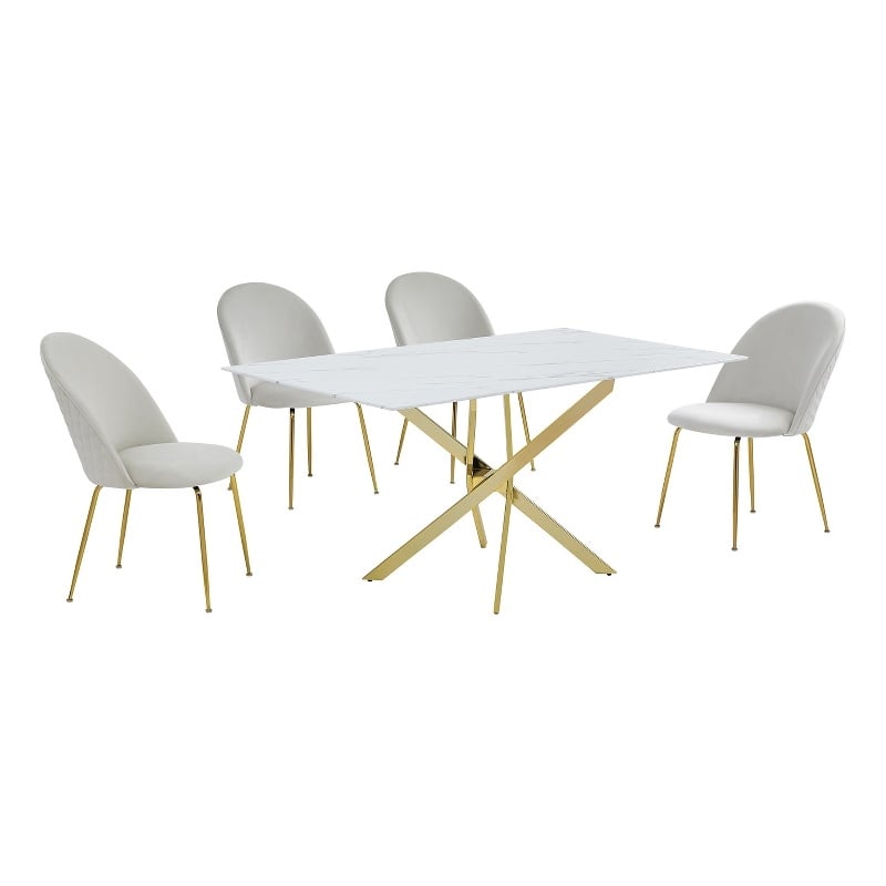Best Quality Furniture Glass with White Marble Wrap Dining Set and Cream Chairs