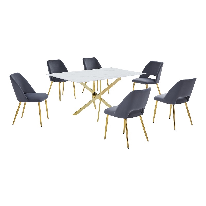 Best Quality Furniture Glass with White Marble Wrap Dining Set and Gray Chairs