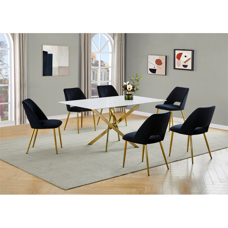 Best Quality Furniture Glass with White Marble Wrap Dining Set and Black Chairs