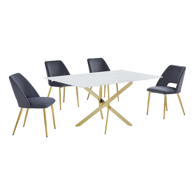 Best Quality Furniture Glass with White Marble Wrap Dining Set and Gray Chairs