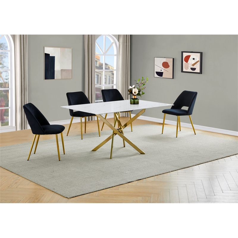 Best Quality Furniture Glass with White Marble Wrap Dining Set and Black Chairs