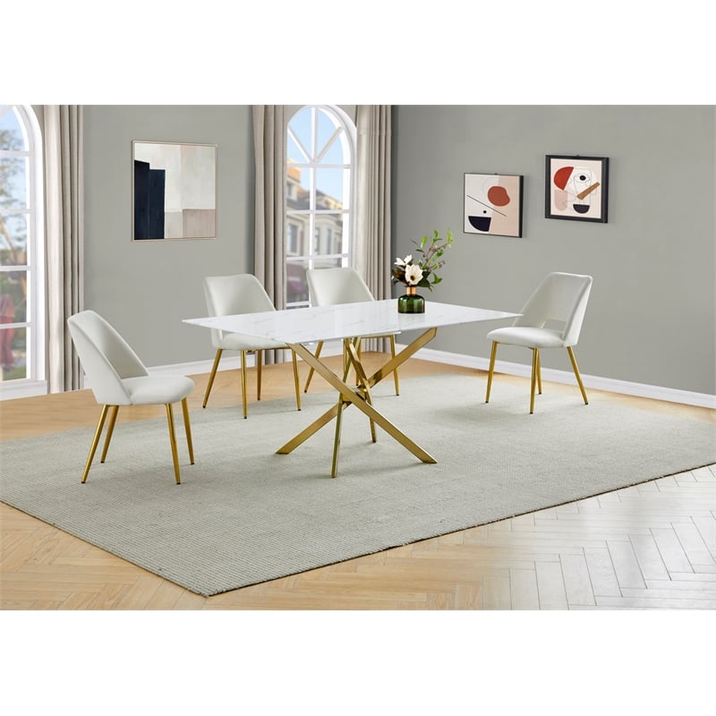 Best Quality Furniture Glass with White Marble Wrap Dining Set and Cream Chairs