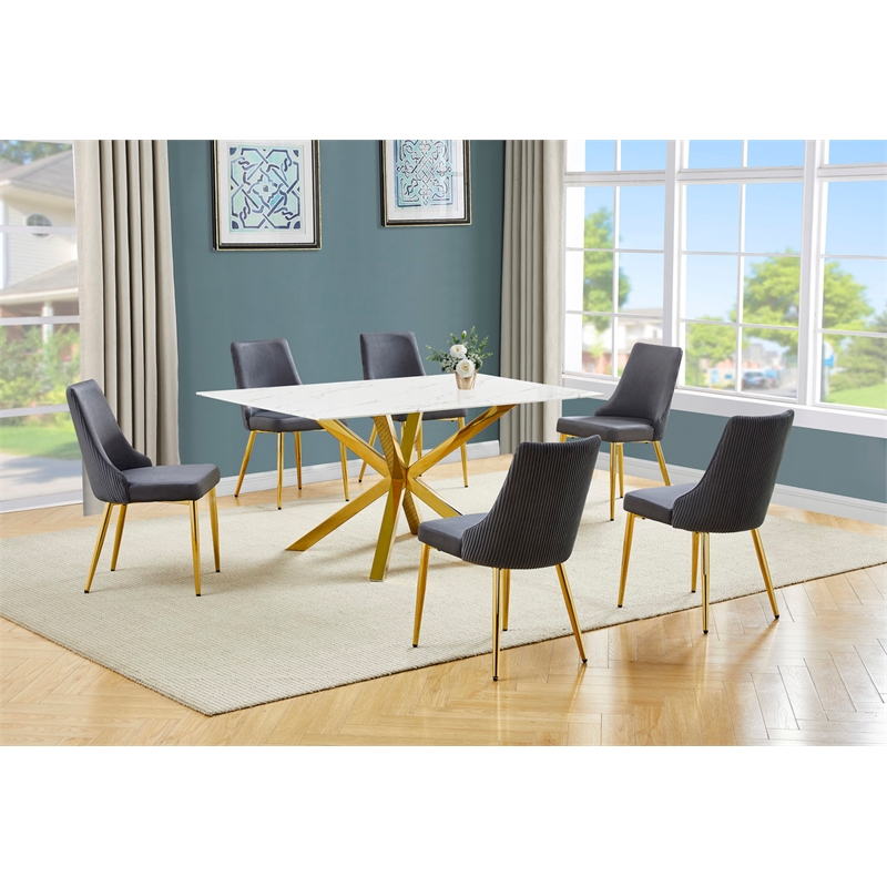 Best Quality Furniture White Marble Wrap Glass Dining Set with Velvet Chairs