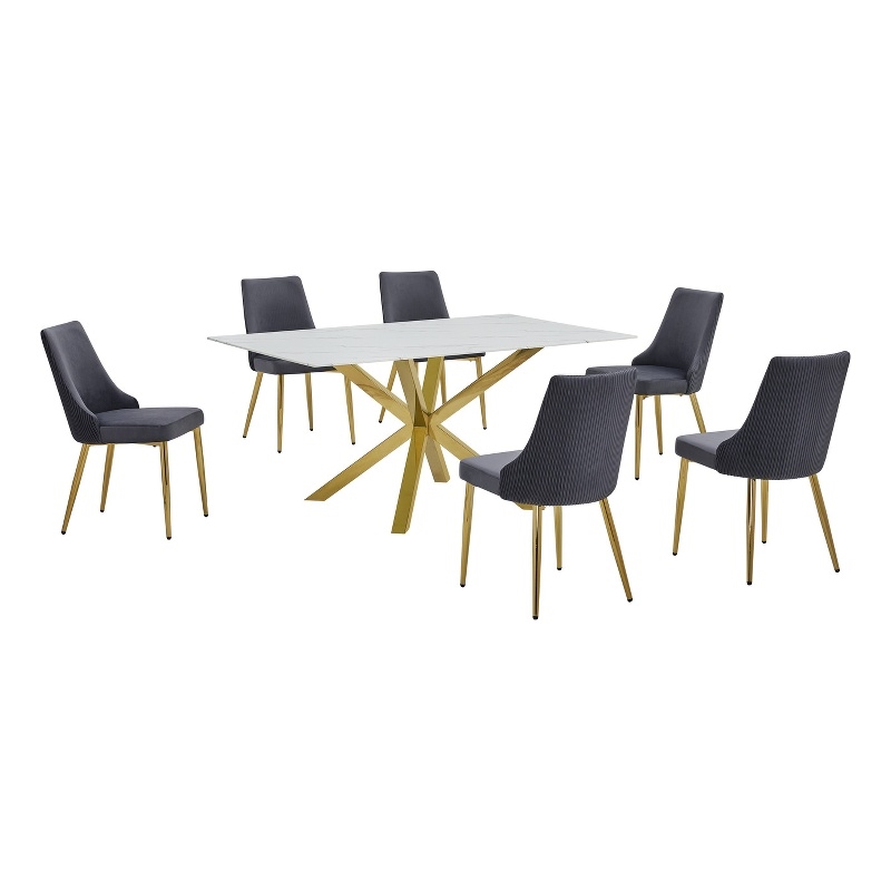 Best Quality Furniture White Marble Wrap Glass Dining Set with Velvet Chairs