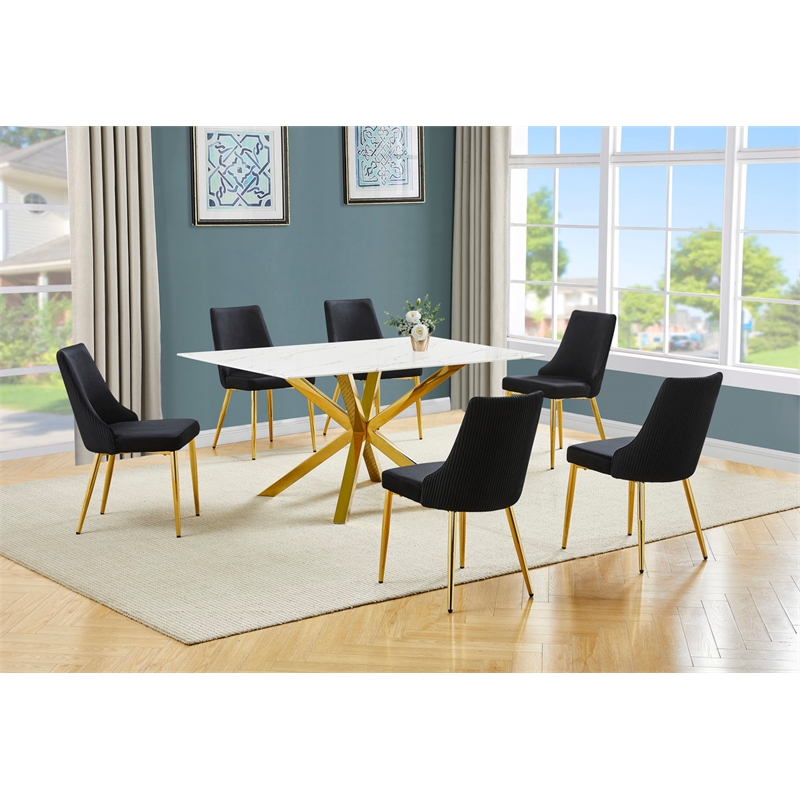 Best Quality Furniture White Marble Wrap Glass Dining Set with Velvet Chairs