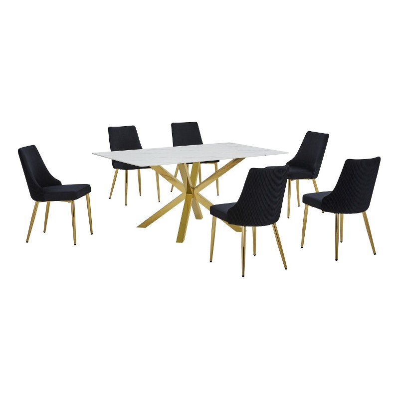 Best Quality Furniture White Marble Wrap Glass Dining Set with Velvet Chairs