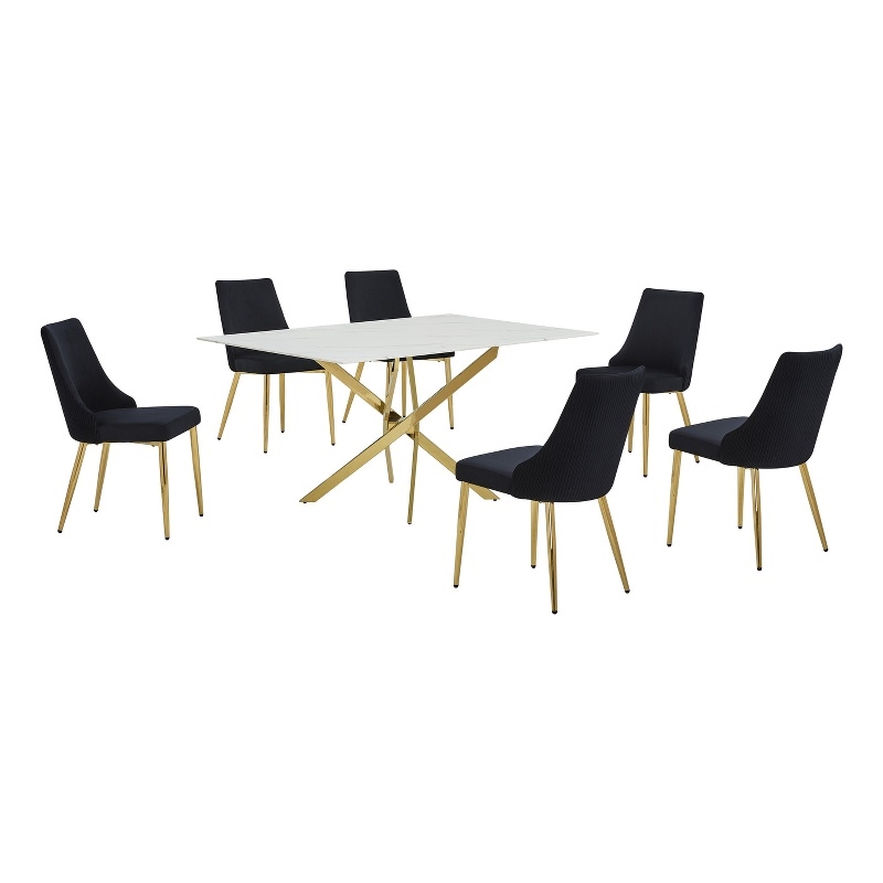 Best Quality Furniture White Marble Wrap Glass Dining Set with Velvet Chairs