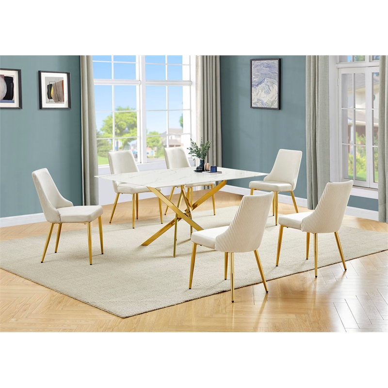 Best Quality Furniture White Marble Wrap Glass Dining Set with Velvet Chairs