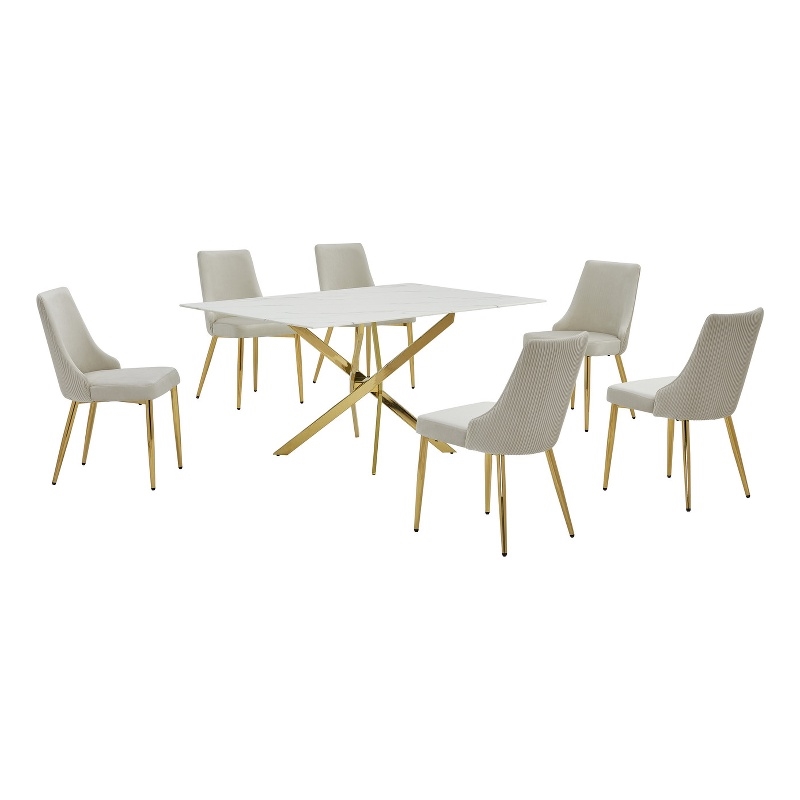 Best Quality Furniture White Marble Wrap Glass Dining Set with Velvet Chairs