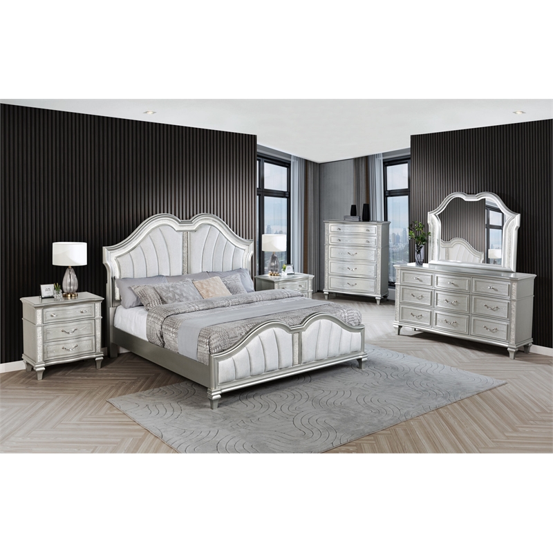 Best Quality Furniture Silver Embossed Wood Bedroom Set with Queen Panel Bed