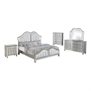 Best Quality Furniture Silver Embossed Wood Bedroom Set with Queen Panel Bed