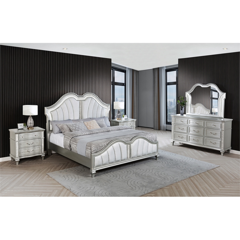 Best Quality Furniture Silver Embossed Wood Bedroom Set with Queen Panel Bed