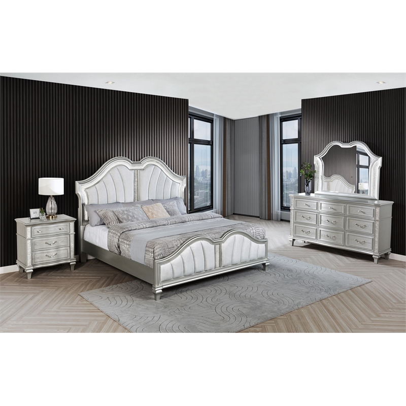 Best Quality Furniture Silver Embossed Wood Bedroom Set with Queen Panel Bed