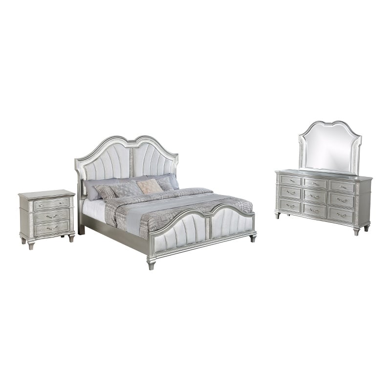 Best Quality Furniture Silver Embossed Wood Bedroom Set with Queen Panel Bed