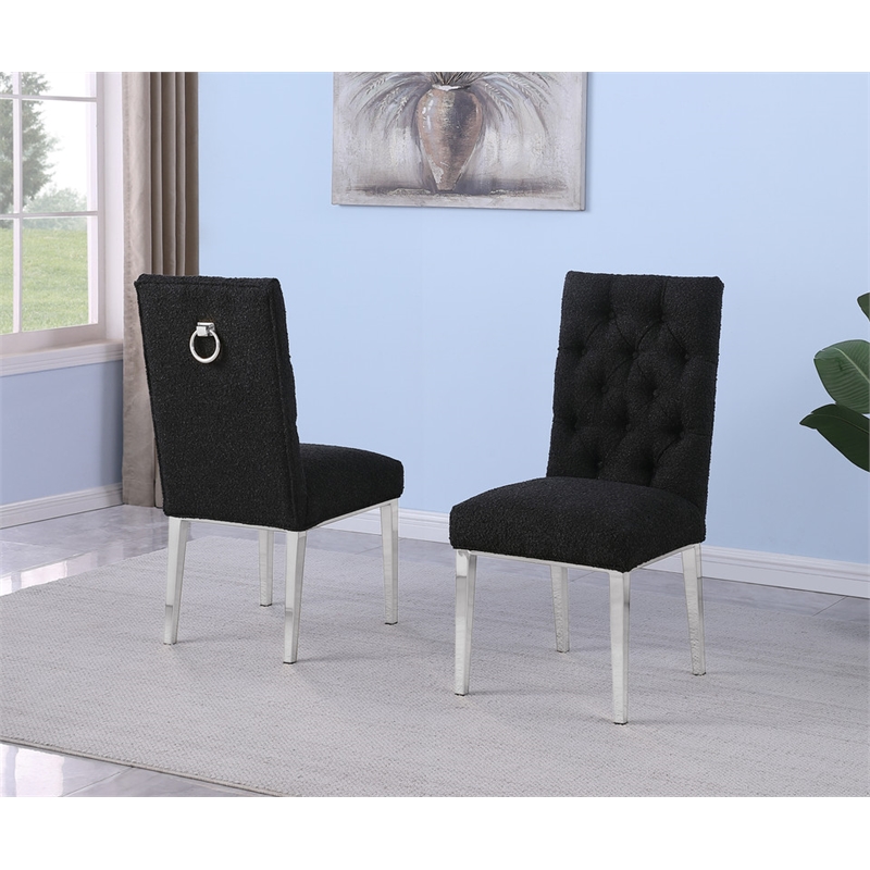 Best Quality Furniture Button Tufted Side Chairs in Black Boucle Fabric