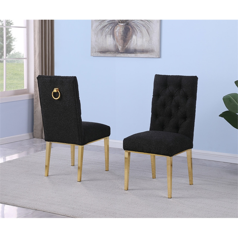 Best Quality Furniture Button Tufted Side Chairs in Black Boucle Fabric