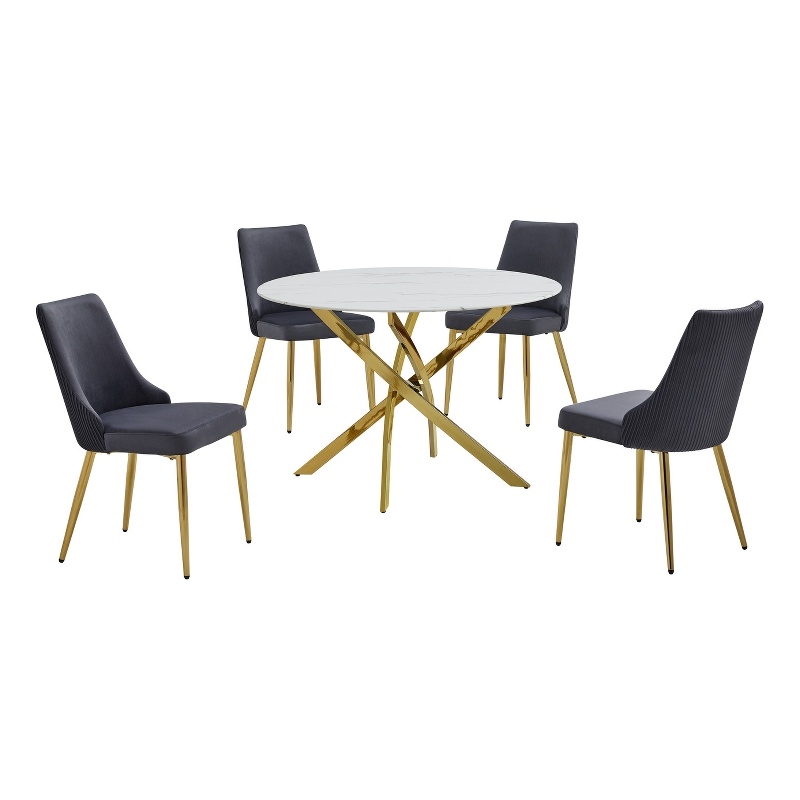 Best Quality Furniture Faux White Marble Glass Dining Table with Velvet Chairs