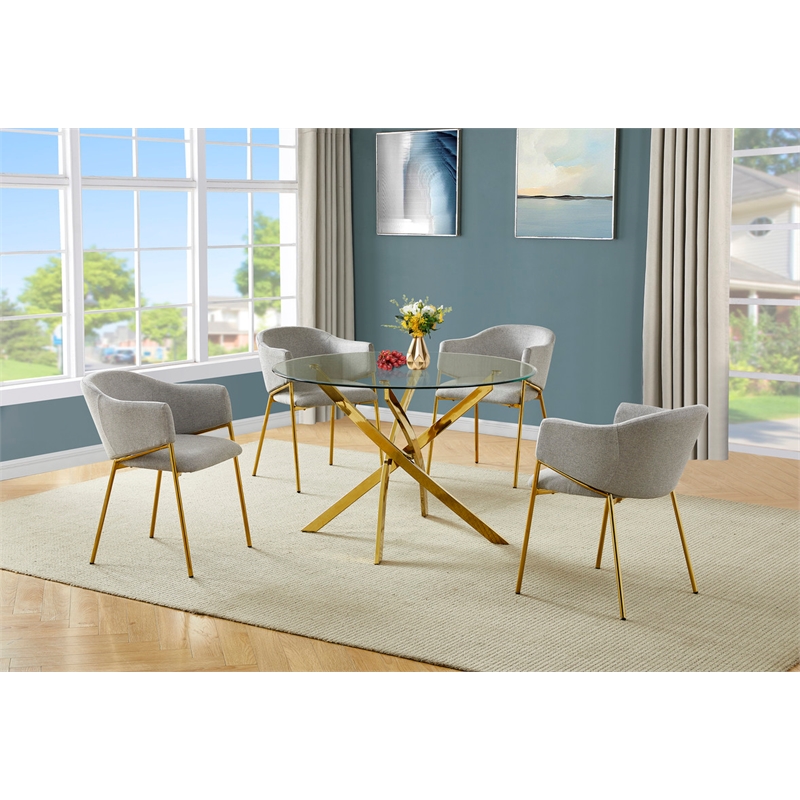 Best Quality Furniture Circle Clear Tempered Glass Dining Set with Linen Chairs