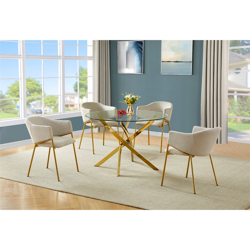 Best Quality Furniture Circle Clear Tempered Glass Dining Set with Linen Chairs