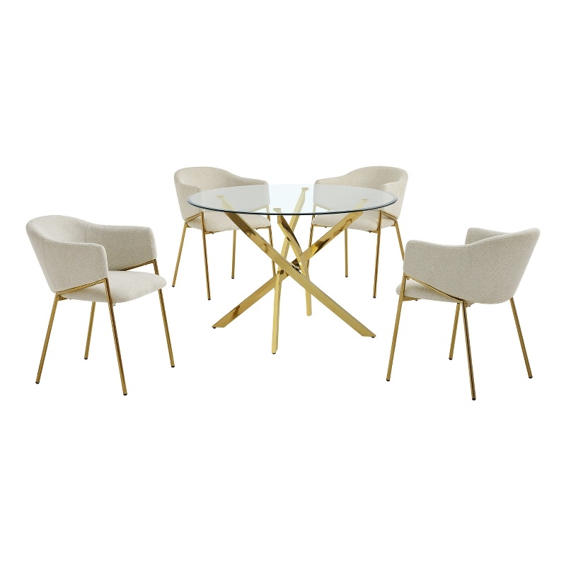 Best Quality Furniture Circle Clear Tempered Glass Dining Set with Linen Chairs