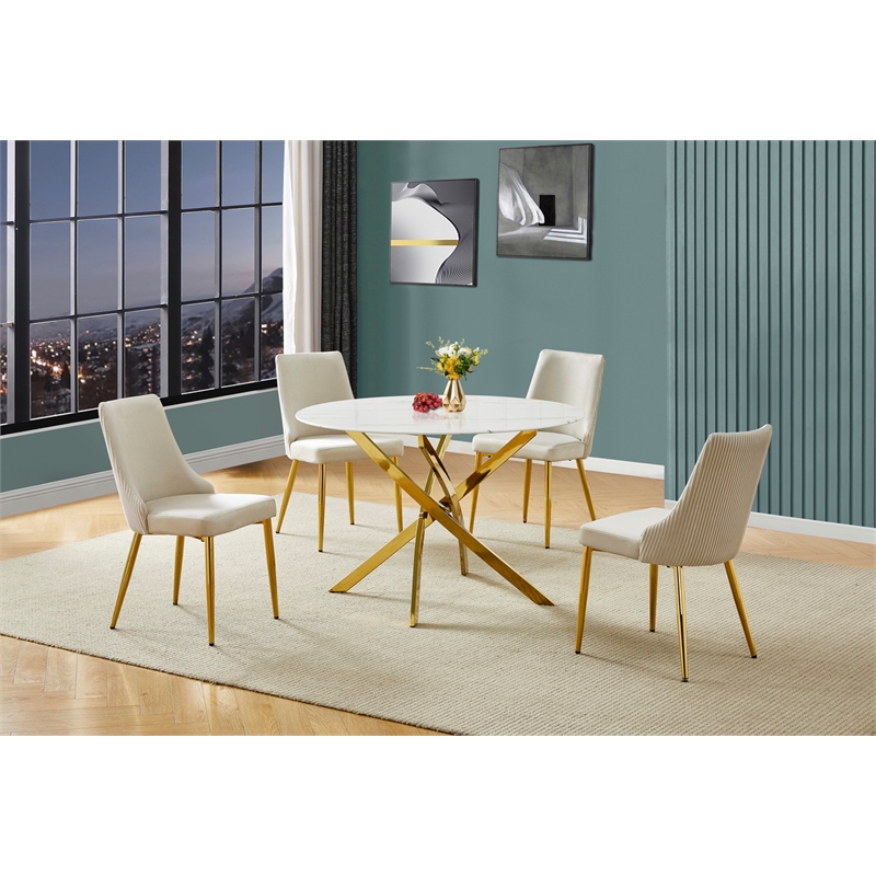 Best Quality Furniture Faux White Marble Glass Dining Table with Velvet Chairs