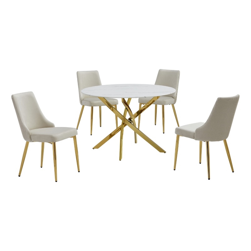 Best Quality Furniture Faux White Marble Glass Dining Table with Velvet Chairs