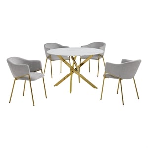 Best Quality Furniture Circle White Faux Marble Glass Dining Set w Linen Chairs