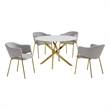 Best Quality Furniture Circle White Faux Marble Glass Dining Set w Linen Chairs