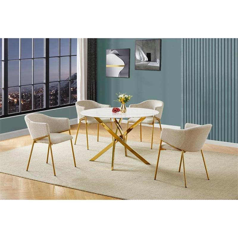 Best Quality Furniture Circle White Faux Marble Glass Dining Set w Linen Chairs