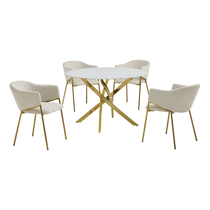 Best Quality Furniture Circle White Faux Marble Glass Dining Set w Linen Chairs