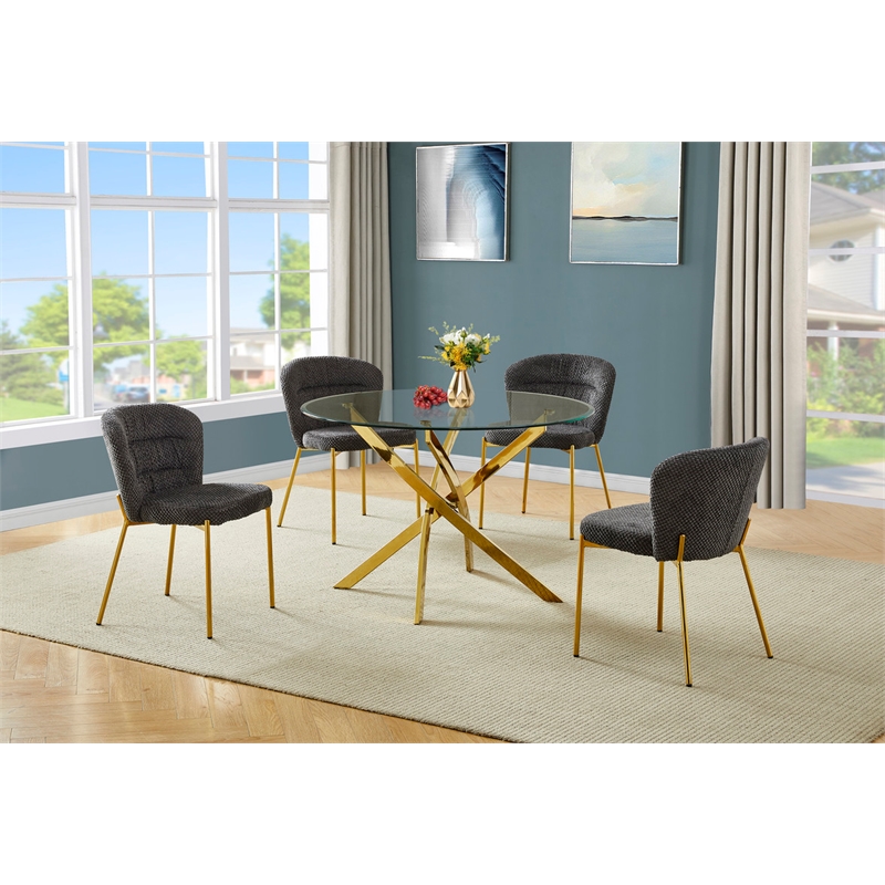Best Quality Furniture Circular Clear Tempered Glass Dining Set w Fluffy Chairs