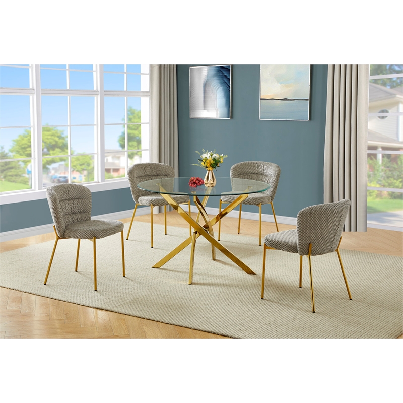 Best Quality Furniture Circular Clear Tempered Glass Dining Set w Fluffy Chairs