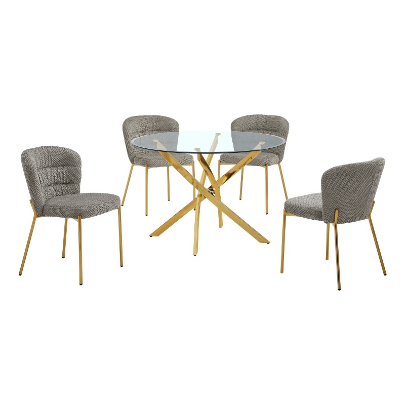 Best Quality Furniture Circular Clear Tempered Glass Dining Set w Fluffy Chairs