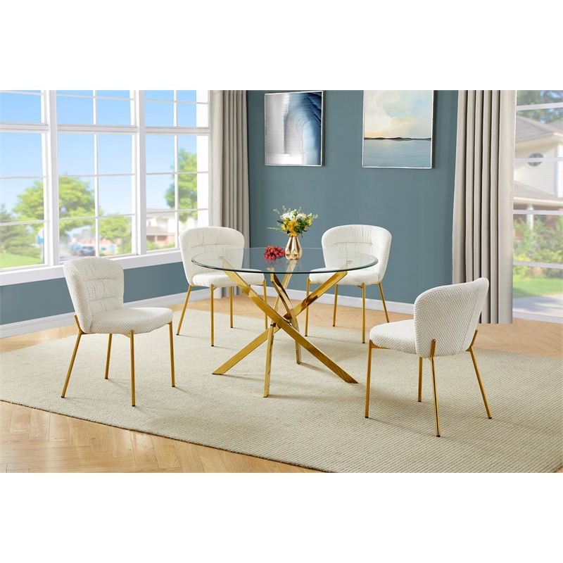 Best Quality Furniture Circular Clear Tempered Glass Dining Set w Fluffy Chairs