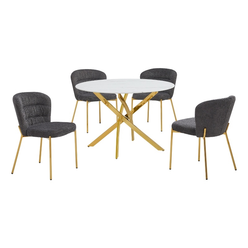 Best Quality Furniture Circle White Faux Marble Glass Dining Set w Fluffy Chairs