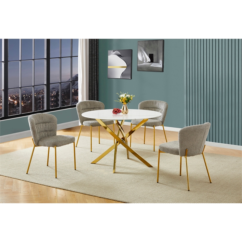 Best Quality Furniture Circle White Faux Marble Glass Dining Set w Fluffy Chairs