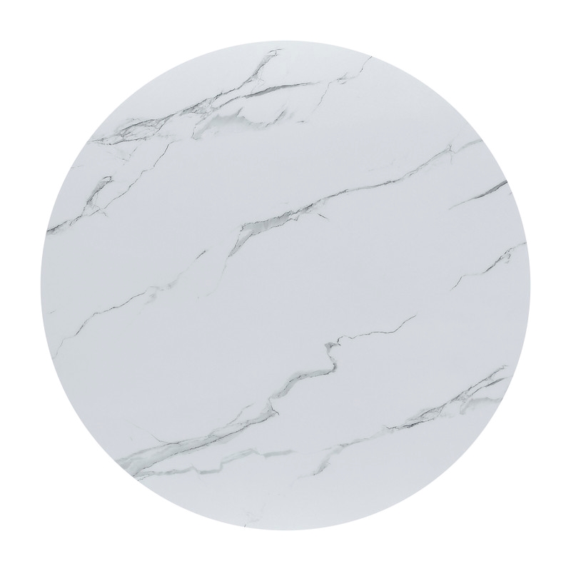 Best Quality Furniture Circle White Faux Marble Glass Dining Set w Fluffy Chairs
